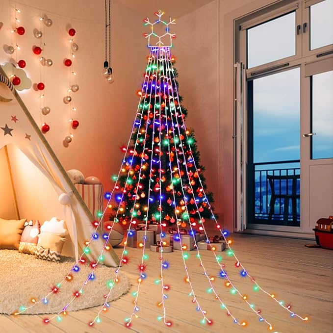 Outdoor Christmas Decorations String Lights, 320 LED 11.5 Ft Waterfall Tree Lights with Snowflake Topper 8 Lighting Modes Christmas Lights for Indoor Outdoor Yard Home Festival Xmas New Year Decor