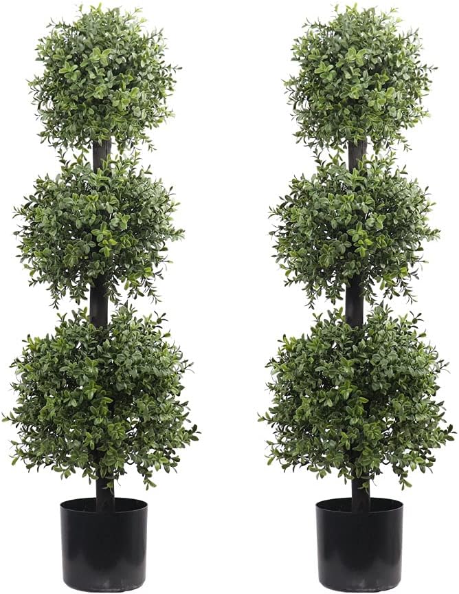 38''T Outdoor Boxwood Triple Ball Topiary Potted Plant Anti-UV Front Door Decor 2Pack