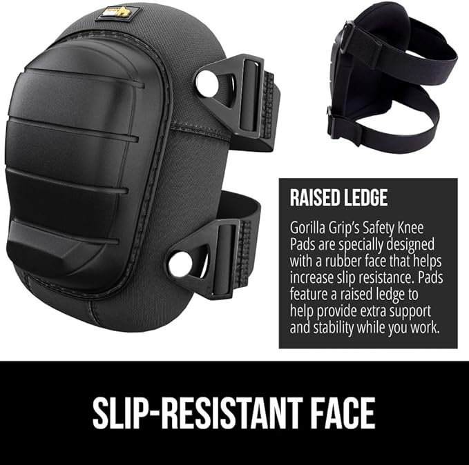 Gorilla Grip Adjustable Safety Knee Pad Set, Heavy Duty Durable Kneeling Pads for Work, Anti Slip Fasteners, Comfortable Gel Padding, Supportive Pads During Construction, Gardening Tool, Black