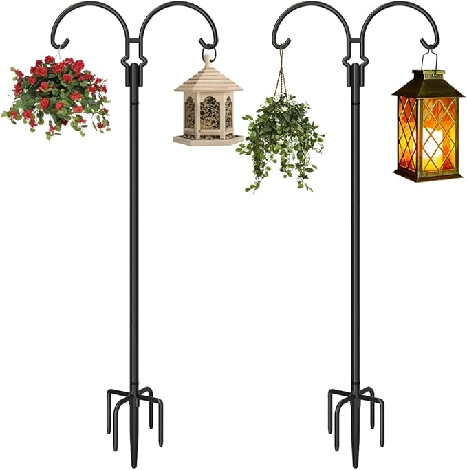 Outdoor Double Shepherds Hook with 5 Prong Base, 92 Inch Adjustable Heavy Duty Two Sided Bird Feeder Pole Stand for Hanging Plant Baskets, Solar Light Lanterns, Hummingbird Feeder, 2 Pack