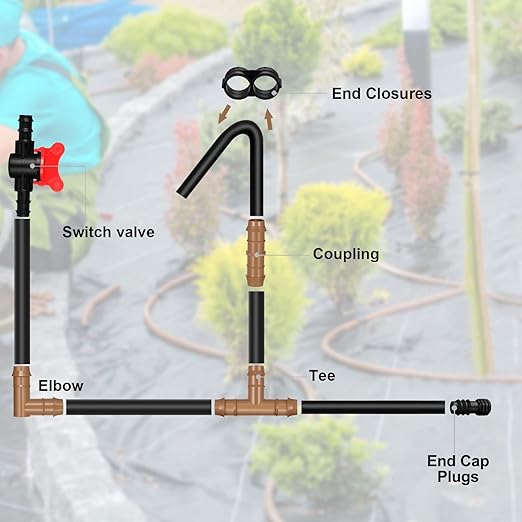 47 Pieces Drip Irrigation Fittings Kit 1/2 Inch Tubing Set Including 2 Switch Valve, 9 Elbows, 9 Couplings, 9 End Cap Plugs, 9 Tees and 9 End Closures Drip for Compatible Drip or Sprinkler Systems