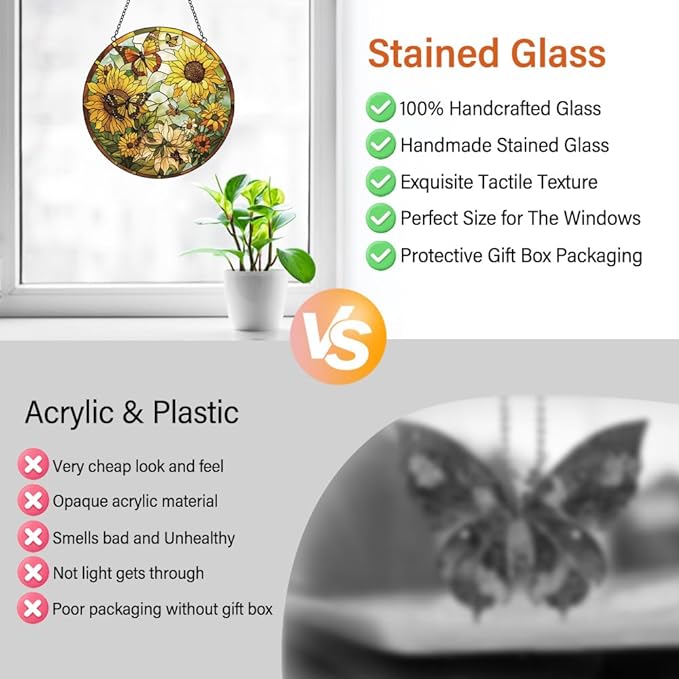 Sunflower Decor Suncatcher Stained Glass Window Hanging - Butterfly Stained Glass Suncatchers for Windows - Sun Catchers Indoor Window with Chain and Hook - Sunflower Gifts for Women Mom Teacher Gift