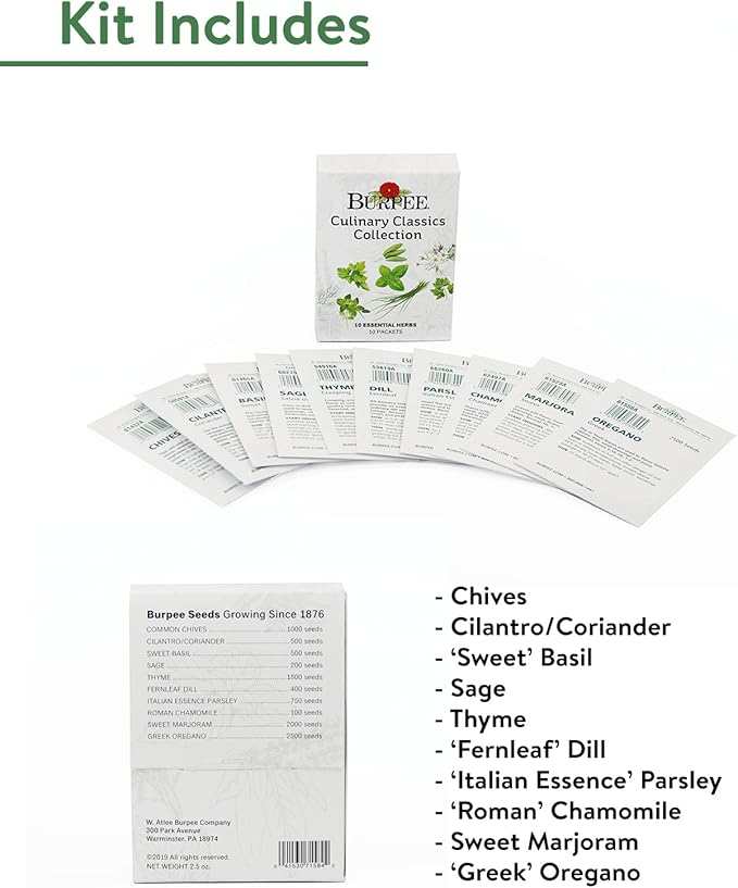 Burpee Culinary Classics Garden Collection 10 Packets of Non-GMO Chives, Cilantro, Basil, Sage, Thyme, Dill, Parsley, Chamomile, Marjoram & Oregano | Kitchen Herb Variety Pack, Seeds for Planting
