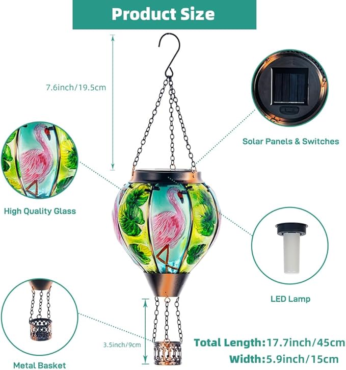 Starsoul Flamingo Hot Air Balloon Solar Lantern Solar Hot Air Balloon Flickering Flame Hanging Garden Light Metal & Glass Waterproof Lanterns for Yard Patio Farmhouse Decoration