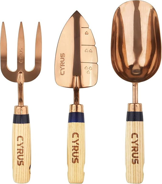 CYRUS Garden Tool Set, 3 Piece Stainless Steel Hand Trowel, Includes Hand Trowel, Transplanting Shovel and Hand Rake with Ash Wood Handle for Planting, Maintaining Lawns and Gardens, Rose Gold