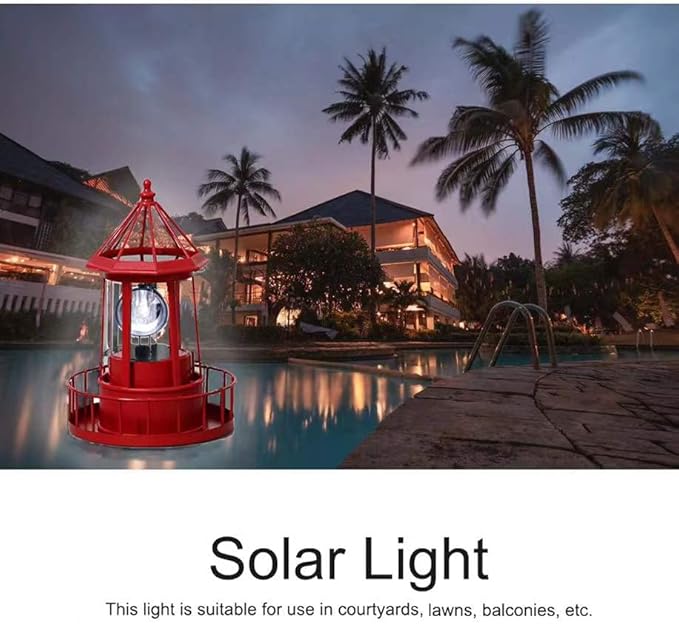 LED Solar Powered Lighthouse, 360 Degree Rotating Lamp Courtyard Decoration Waterproof Garden Smoke Towers Statue Lights for Outdoor Patio Garden Pathway