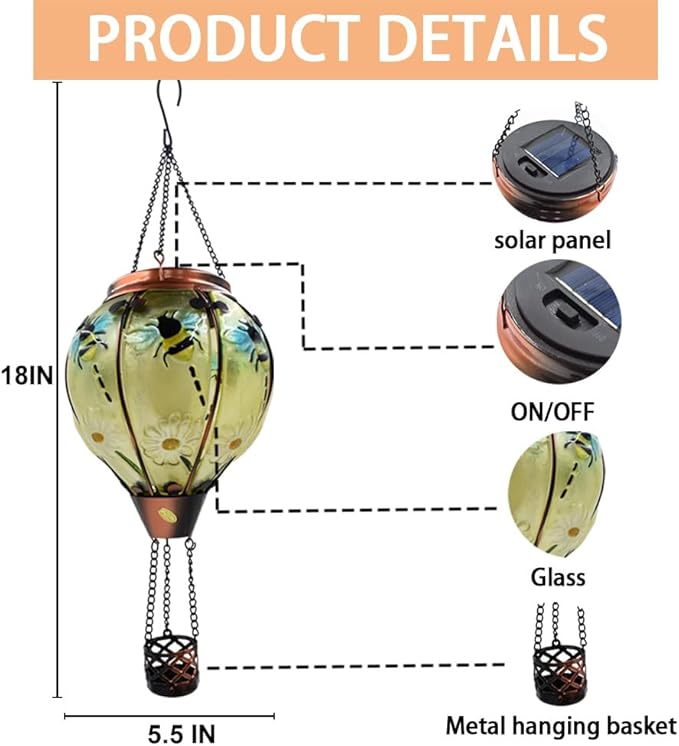 2PC Hot Air Balloon Solar Lantern with 2PC Shepherd Hook, Flickering Flame Hanging Solar Lanterns Outdoor Lights Waterproof Lanterns Decorative Garden Patio Yard Party Decor (Bees)