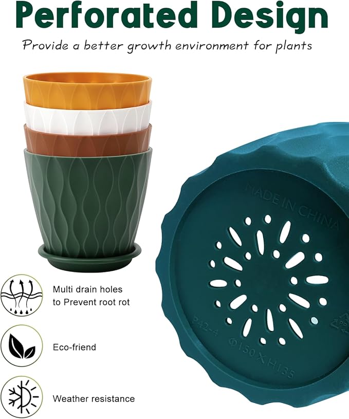 6 Inch Indoor Planter Pots with Drainage Hole and Tray Saucer,Flower Pots for Indoor Outdoor Garden Plants and Flowers, Multicolor, 5 Packs