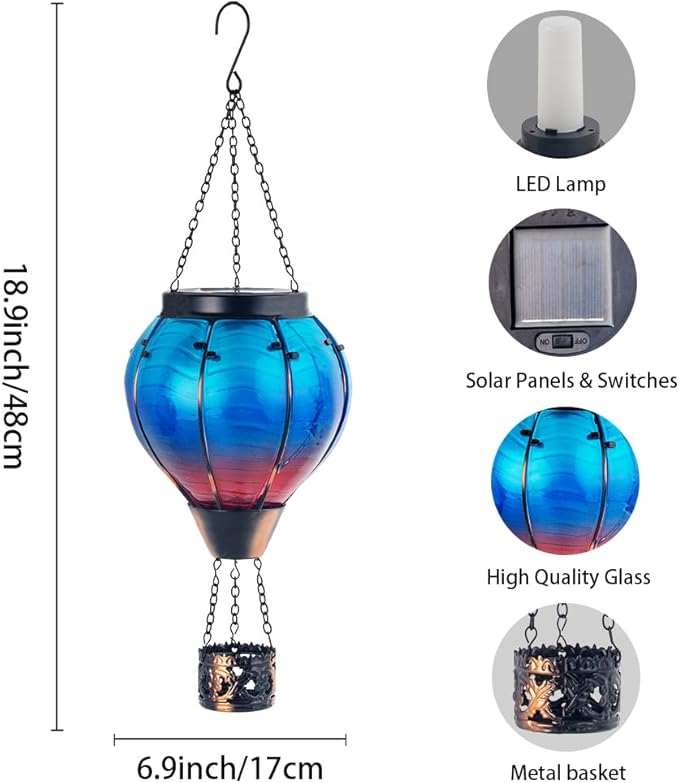 Starsoul 2 PC Blue Hot Air Balloon Solar Lantern Glass Solar Hot Air Balloon Flickering Flame Hanging Garden Light Waterproof Garden Yard Farmhouse Decor