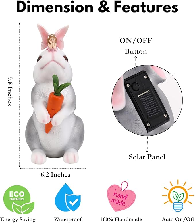 Bunny Rabbit Decor, Bunny Rabbit Statue, Solar Garden Statue for Outside, Solar Garden Yard Patio Decor, Outdoor Statue for Garden, Outdoor Decor, Gardening Gift for Women, Easter Decorations