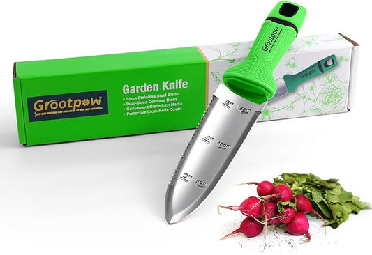 GK01 Hori Hori Garden Knife, Full Tang Gardening Knife with 7.1" Stainless Steel Double-Edged Blade, Heavy Duty Gardening Hand Tool for Weeding and Gardening with Oxford Sheath - in Gift Box