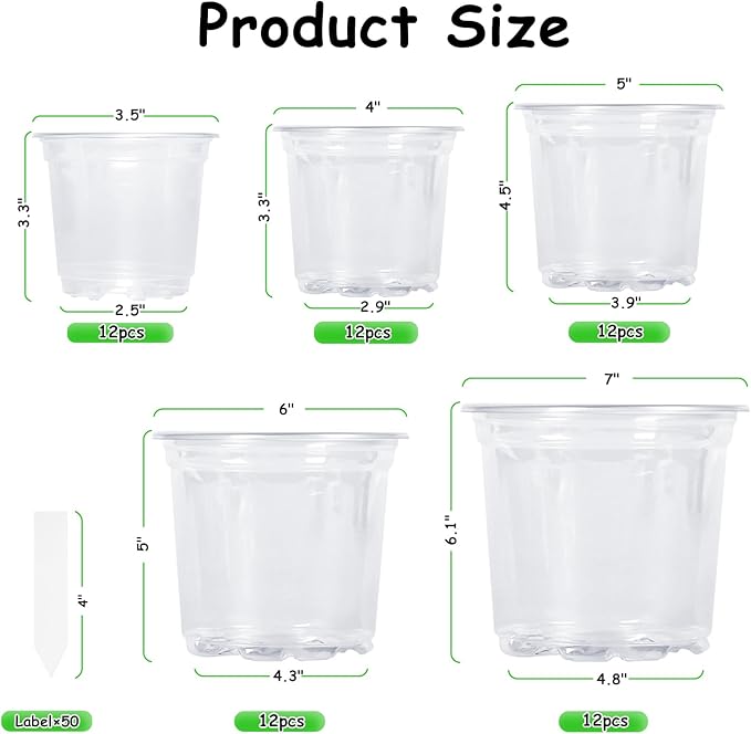 60 Pack 3.5/4/5/6/7 Inch Clear Nursery Pots with Drainage Hole,Variety Sizes Seed Starting Pots Transparent Plastic Plant Pots for Plants Transparency with 50 Plant Labels