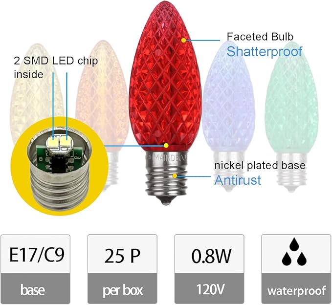 C9 Christmas Pathway Lights with Stakes,Multicolor,2 Pack Total 60 Ft 40 Strawberry LED Bulbs,Connectable Shatterproof Outdoor Lights Marker for Xmas Yard Garden Path Lawn Walkway Sidewalk