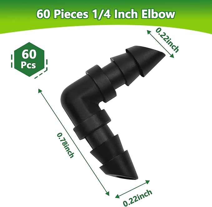 60 Pack Drip Irrigation 1/4" Barbed Elbow Fittings, Barbed Connectors for 1/4 Inch Irrigation Tubing Drip Line 90 Degree Elbow for Drip Sprinkler Garden Shrubs Systems