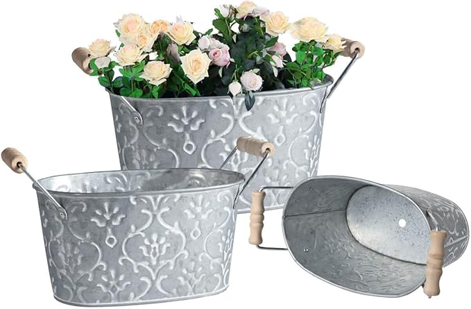 Galvanized Oval Planter Tubs for Outdoor Plants - Farmhouse Small Metal Tin Buckets with Drain Hole & Rubber Plug Medium Plant Containers with handles vintage style for decor, Set of 3(Flower Pattern)