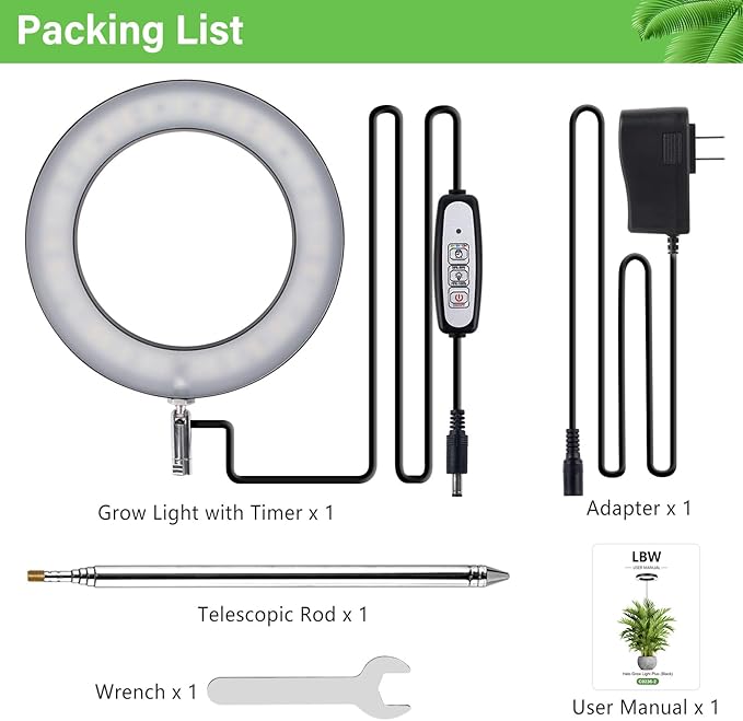 LBW Plant Grow Light, 72 LEDs Full Spectrum Grow Lamp for Indoor Plants, Brightness Adjustable Plant Light with Auto 4/8/12H Timer, 10.4”-59” Height Adjustable, Ideal for Large Tall Plants, Black