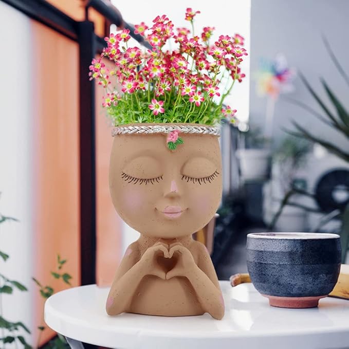 Meltset Face Planters Pots Head Unique Face Flower Pot Head Planter for Indoor Plants Cute Small Succulent Pots Indoor Plant Pot with Drainage (Brown)