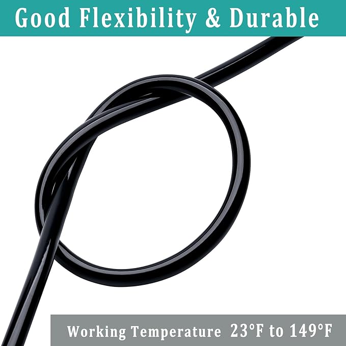 1/4" id - 50ft Black Vinyl Tubing Flexible PVC Tube Hybrid Hose Transfer Water Fuel Gas for Pond Fountain Garden Waterfall, Durable and Safe, with 2 Hose Clamps