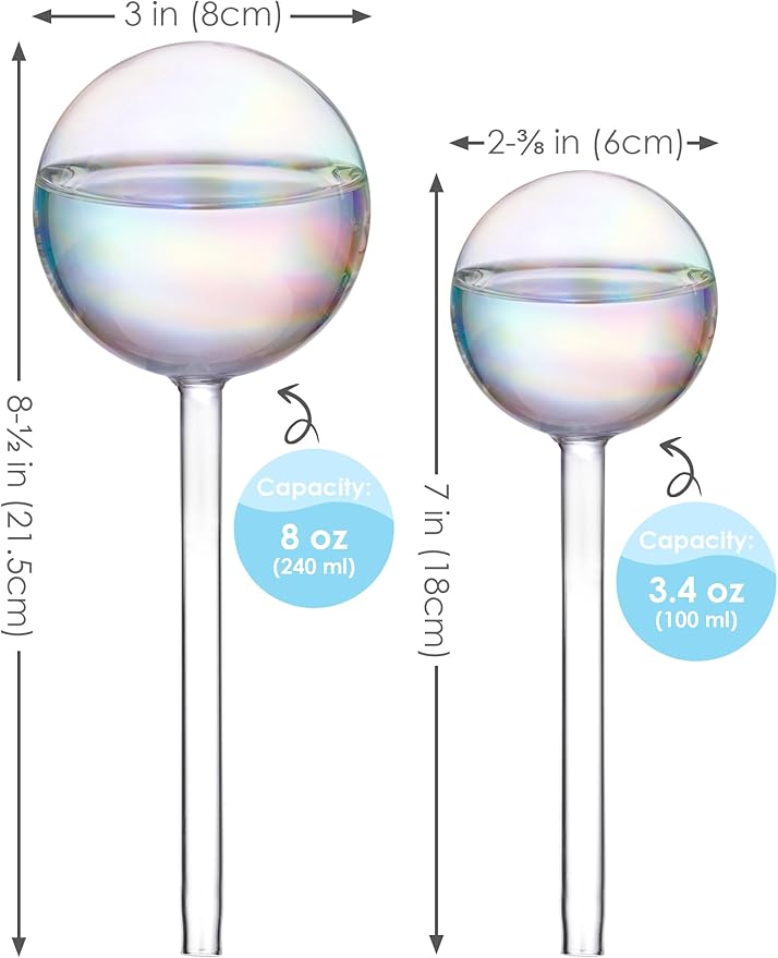 Tomorotec Iridescent Glass Self Watering Globes 6-Pack (3 Large+3 Small), Decorative Hand-Blown Rainbow Glass Watering Bulbs, Automatic Irrigation for Indoor & Outdoor Plants, Easy to Use and Maintain