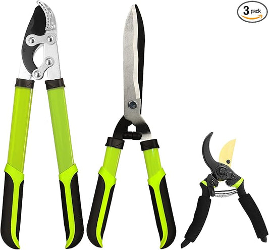 Loppers Hedge Clippers Garden Shears, 3PCS Yard Tools Combo Set Tree, Shrub & Bush Care Kit for Lawn Garden, Branch Cutter with Compound Action Tree Trimmer & Trimming Borders (19 Inch)