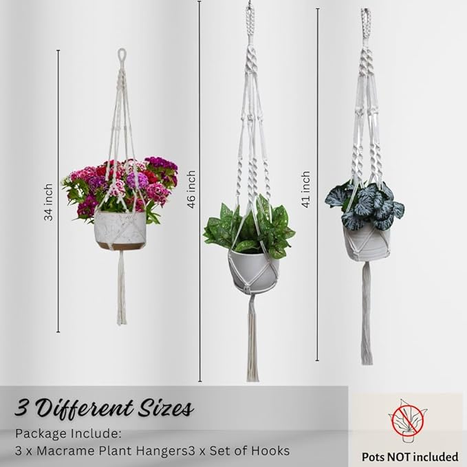 3 Pack Macrame Plant Hanger Indoor Hanging Planter for Plants Holder, Hanging Pot Holder Macrame Decorative Flower Pot Holder with 3 Hooks for Indoor Outdoor Boho Home Décor, Ivory (POTS NOT INCLUDED)