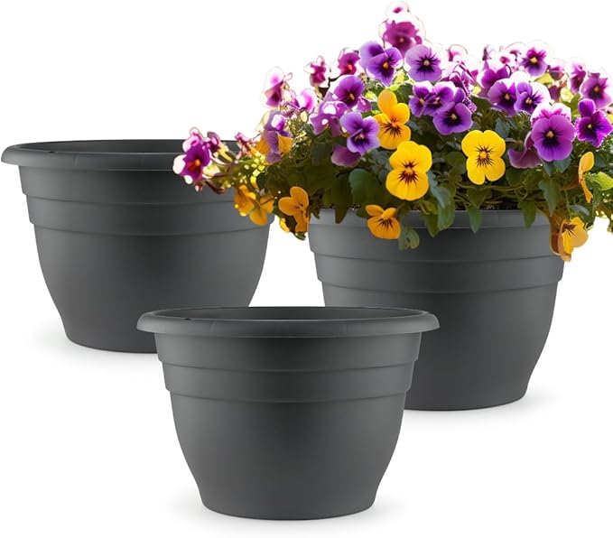 11 Inch Plant Pots, 3 Pack Planters for Indoor Ourdoor Plants, Round Plastic Flower Pots, Large Planters with Drainage Hole and Plug, Gray