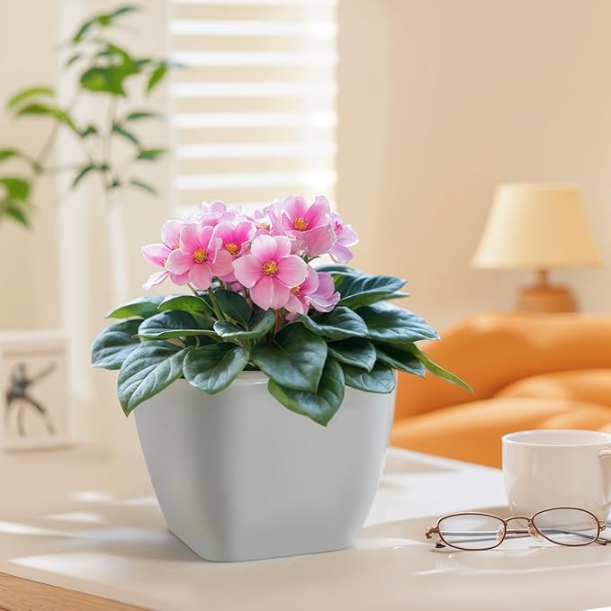 6 Inch Self Watering Pots for Indoor Plants,African Violet Pots, Easy Plant Self Watering Planter, Ceramic Plant Pot with Absorbent Inner Pot for Flowers,Indoor Flower Pots-Grey