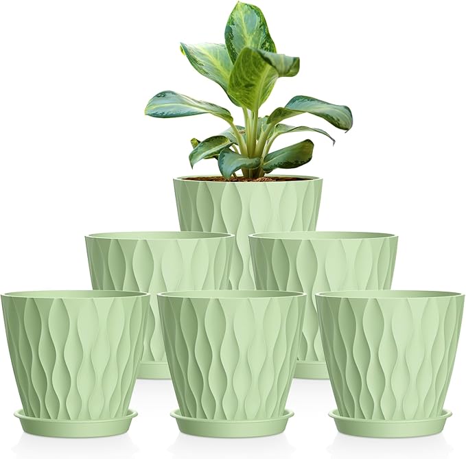 6 Pack 4 Inch Small Plant Pots with Saucers, 3D Textured Plastic Planters with Drainage Holes for Indoor and Outdoor Plants, Flowers, Herbs, Succulents, and Seedlings, Green