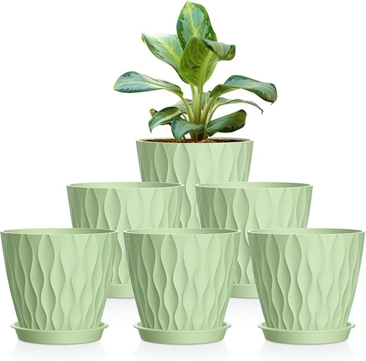 6 Pack 4 Inch Small Plant Pots with Saucers, 3D Textured Plastic Planters with Drainage Holes for Indoor and Outdoor Plants, Flowers, Herbs, Succulents, and Seedlings, Green