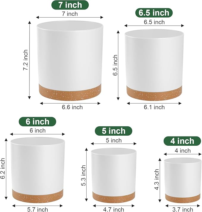 Plant Pots – 7/6.5/6/5/4 Inch Plastic Planters with Drainage Holes and Saucers, Flower Pots for Indoor and Outdoor Plants (White)