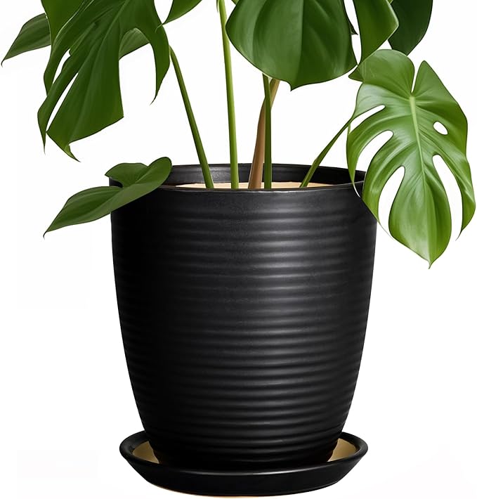 Ceramic Plant Pot - 8 Inch Ceramic Planter for Indoor Plants Glazed Round Flower Pot with Drainage Hole and Saucer Black