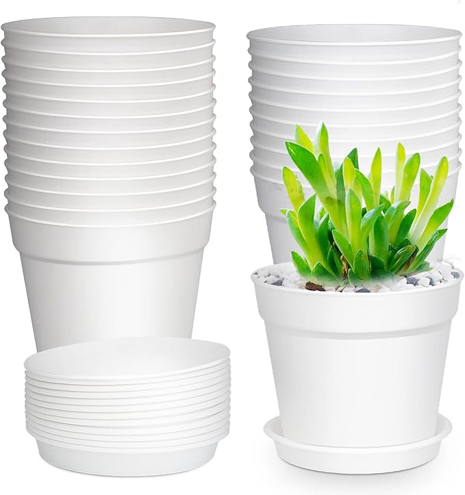 24 Pcs 4 Inch Plant Pots with Drainage Holes and Saucers for Indoor Plants, Plastic Small Flower Nursery Pots Seed Starting Pots for Plants Succulent, White
