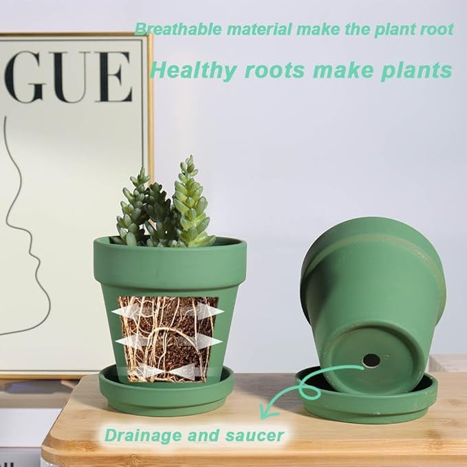 vensovo 4 Inch Small Green Terracotta Plant Pots with Saucer - 6 Pack Clay Flowerpots with Drainage, Great for Indoor Outdoor Plants, Crafts, Wedding Favor
