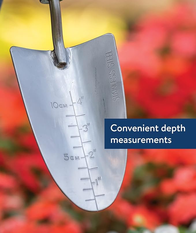 Burpee Complete 7-Piece Set of Stainless Steel Garden Bulb Planter, Rake, Dibbler, Soil Scoop, Transplanter, Weeder, Trowel | Hand Tools with Leather Strap for Storage