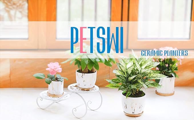 8 Inch Ceramic Plant pots (Set of 2), 8 Inch 7 Inch Modern Flower Planter, Gold Marble Gardening Pots with Drainage Hole and Saucer for Outdoor Indoor Yard Garden Home Office Decoration.