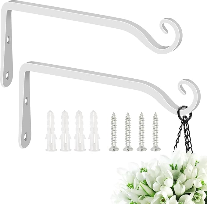 FEED GARDEN Hanging Plant Bracket 10 Inch 2 Pack, Hand-Forged Plant Hanger for Hanging Bird Feeders, Wind Chimes, Flower Baskets, Lanterns, Indoor/Outdoor Use, White