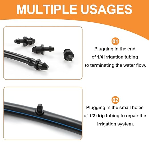 60 Pieces 1/4" Drip Irrigation End Plug Fittings：1/4'' Drip Single Barbed End Cap Connectors for 1/4 Inch Irrigation Tubing 1/2" Tubing Goof Hole Plugs for Garden Drip Line Systems