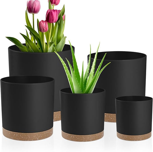 Plant Pots – 7/6.5/6/5/4 Inch Plastic Planters with Drainage Holes and Saucers, Flower Pots for Indoor and Outdoor Plants (Black)