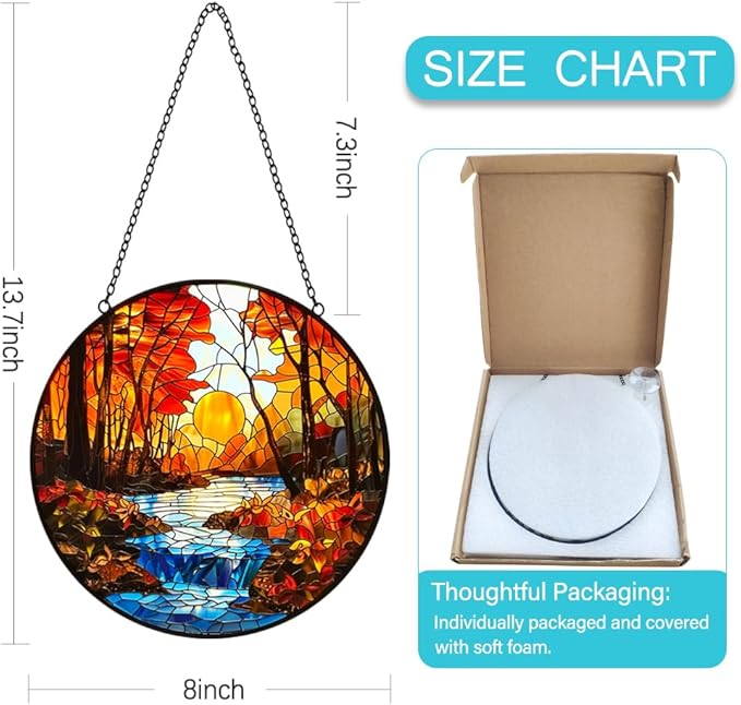 Sunset Suncatcher Stained Glass Window Hanging - Sun Catchers Indoor Window Decorations with Tree and River - Sunset Scenery Window hangings with Hooks - Valentines Day Gifts for Him Her Women Men