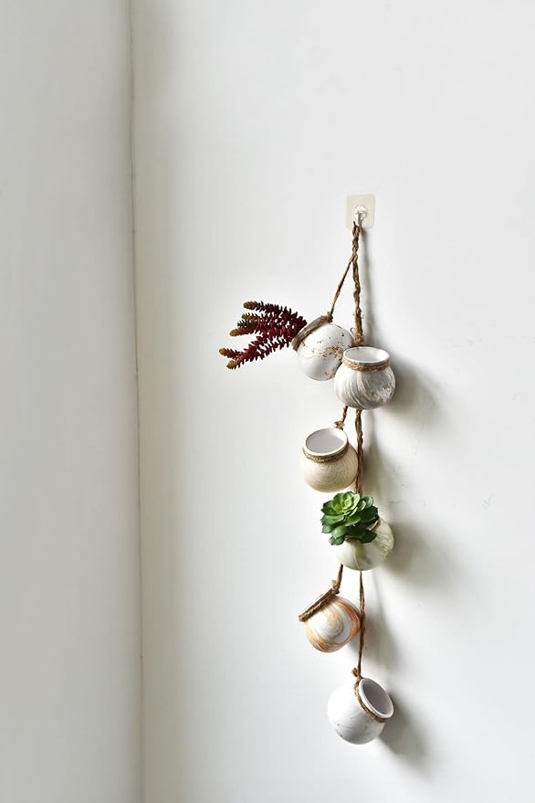 SOUJOY 6 Pack Hanging Succulent Planters, 4'' Mini Ceramic Wall or Ceiling Mount Dangling Plant Pot, Hanging Flower Pot with Jute Rope for Indoor Outdoor Decor, Light Beige