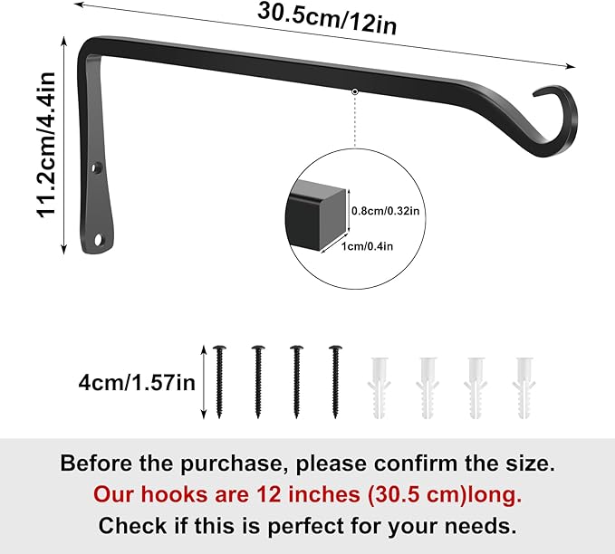 Gtongoko 2 Pack 12 Inch Metal Plant Hangers Wall Hooks for Hanging Plant Brackets, Outdoor Hooks for Hanging Bird Feeders, Flower Baskets, Lanterns, Wind Chinme, Solar Lamps