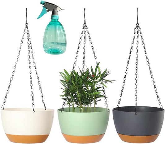 3 Pack Plastic Hanging Planters Set ,8.3 Inch Hanging Flower Plant Pot with Drainage Hole for Indoor Outdoor Plants, Round Hanging Basket with Removable tray for Home Garden Porch Balcony Patio Decor