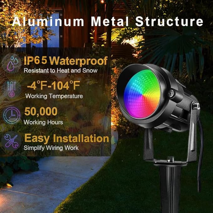 RGBW Spotlight Outdoor 12W LED Warm White Landscape Lights 120V Landscape Lighting with 3-Pin US Plug Waterproof Spot Lights Outdoor for Yard Garden Patio Lawn Decorative(2Pack)