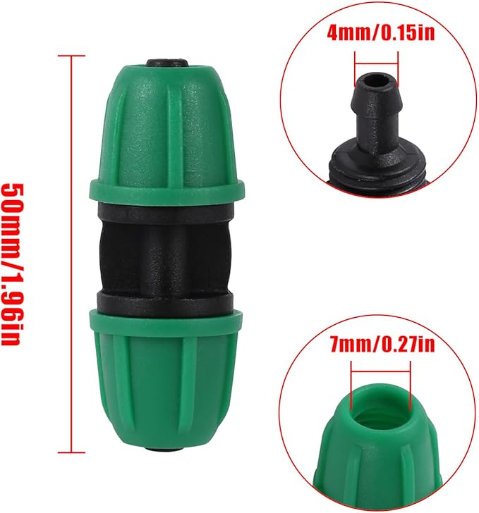 1/4 inch Drip Irrigation Fittings, Lock Barbed Coupling for ¼ in. tubing; Tubing Outside Diameter (OD) is 0.250 in., Internal Diameter (ID) is 0.170. in.(25Pcs/Pack) (Green-Coupling)