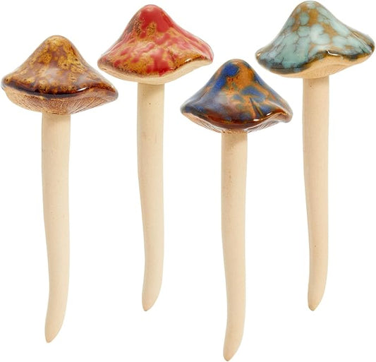 Juvale 4 Pack 5-inch Ceramic Mushroom Plant Garden Ornament and Decor - Outdoor Decoration Stakes for Planter Pots