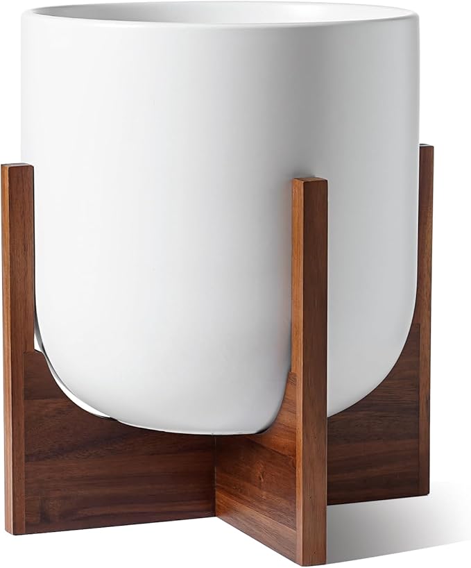 LE TAUCI 12 Inch Pots for Plants with Acacia Wood Stand, Ceramic Large Planters for Indoor Plants, Indoor Plant Pots for Office Living Room, Cylinder Pots for Plants with Drainage Hole and Plug, White
