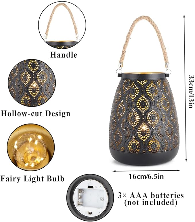 TRIROCKS Moroccan Style Metal Lamp 8''H Battery Operated Cordless Table Lamp Vintage Lantern for Living Room Garden Yard Patio Parties Event Indoors Outdoors (Black with Gold Brush)