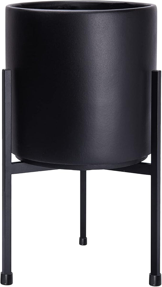 D'vine Dev Modern Black Plants Pot Cylinder Planter with Heavy Duty Stand, Small 8 Inch Pot, 12.6 Inch with Stand Height, 96-T-B-1