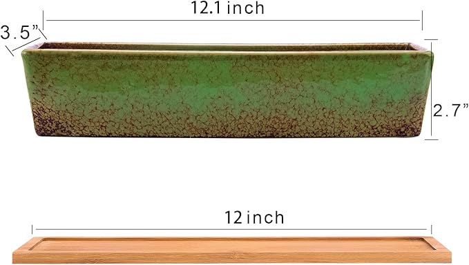 Artketty 12.1 Inch Large Succulent Planters Pots with Drainage Tray, Long Rectangle Ceramic Pots for Indoor Cactus/Succulent Plants Shallow Bonsai Window Box for Home Garden Decor (Green)