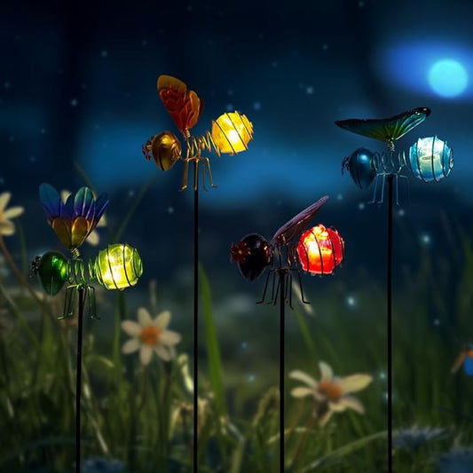 Insects Solar Garden Lights, 22.4" H Butterfly & Bee & Dragonfly & Ladybug Solar Stake Light, 4 Pcs Outdoor Statues Figurine Lights for Spring Garden Lawn Patio Yard Decoration